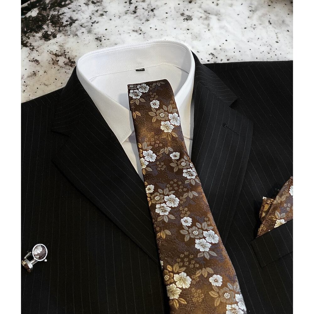 Men’s 3 Piece Tie Set Brown Floral Tie Pocket Square Cufflinks 57.5"x3.25"